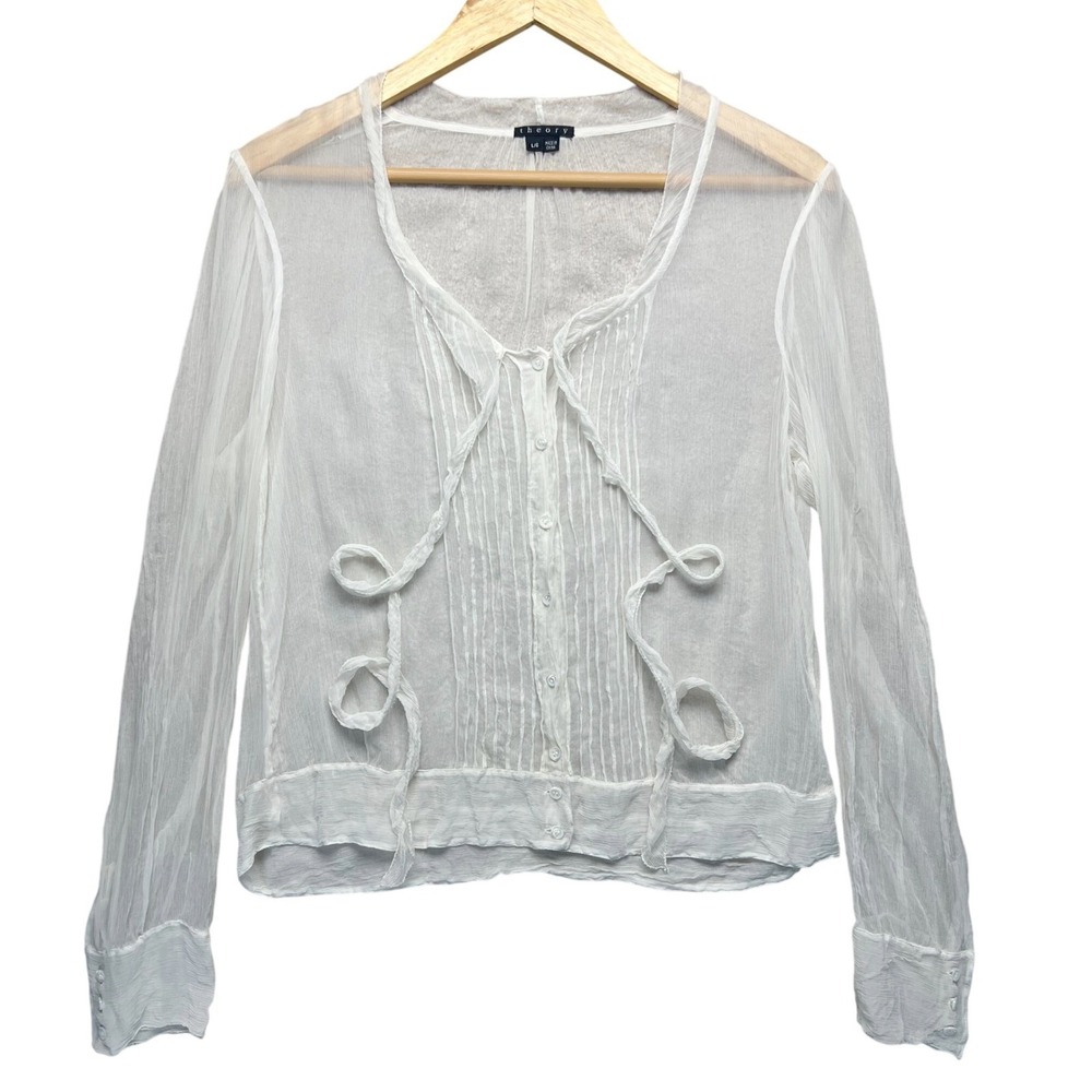 Theory White Sheer Pintuck Pleated Button Front Blouse Top‎ Large Romantic Gauze